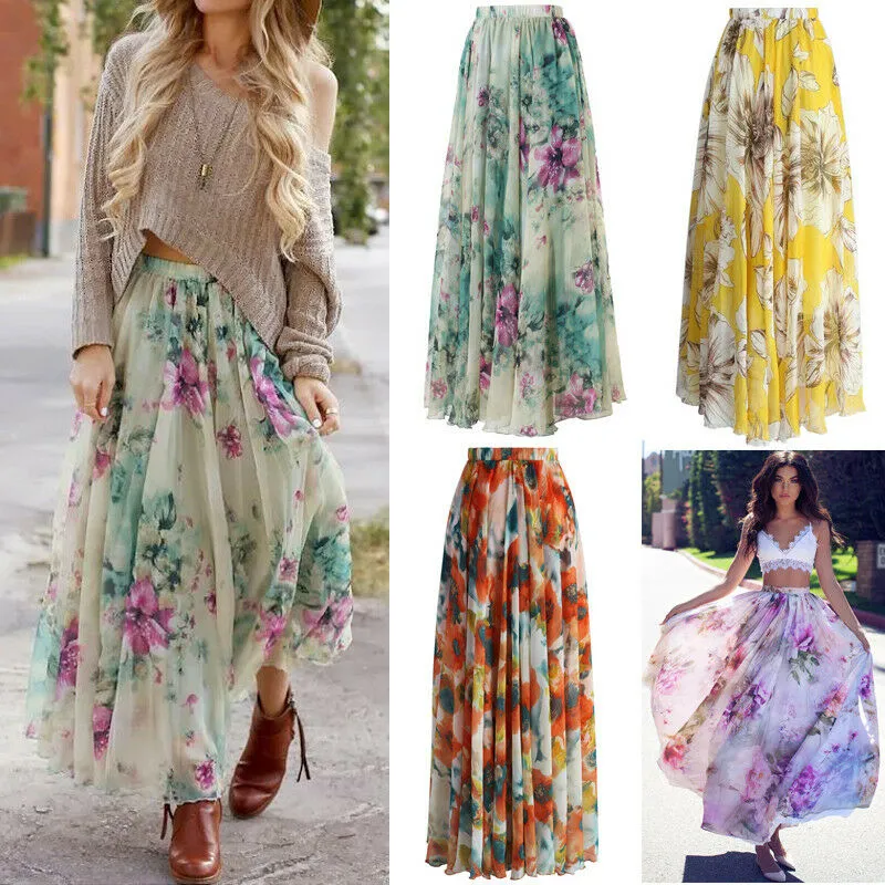 Boho Chiffon Printed High Waist Summer Skirt - Ankle-Length