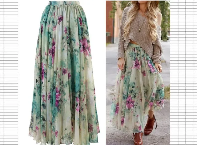 Boho Chiffon Printed High Waist Summer Skirt - Ankle-Length