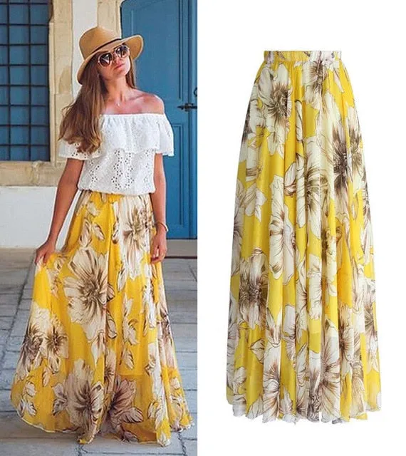 Boho Chiffon Printed High Waist Summer Skirt - Ankle-Length