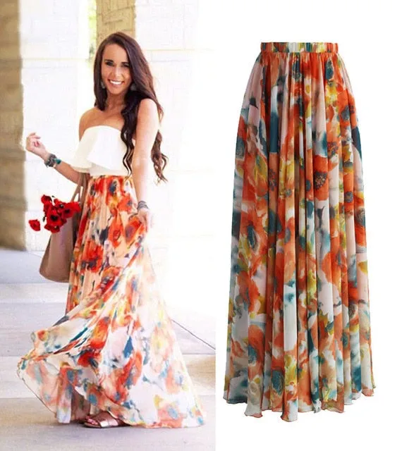 Boho Chiffon Printed High Waist Summer Skirt - Ankle-Length