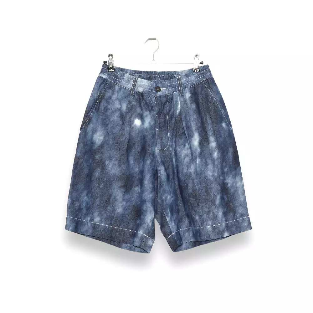 Universal Works Pleated Track Shorts in cloud denim, style number 28156