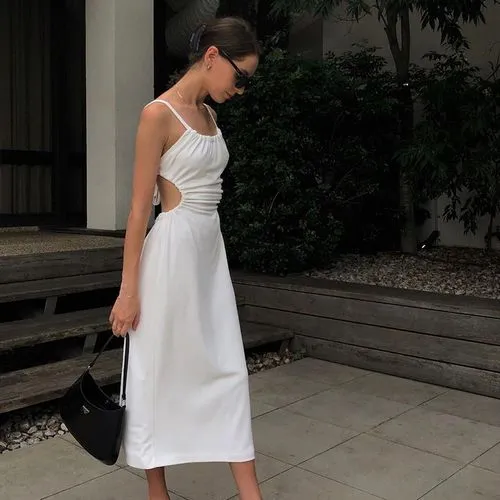 Women Sheath Dress Chiffon Simple Collarless Backless Sleeveless Solid Midi Dress Holiday Outdoor Daily