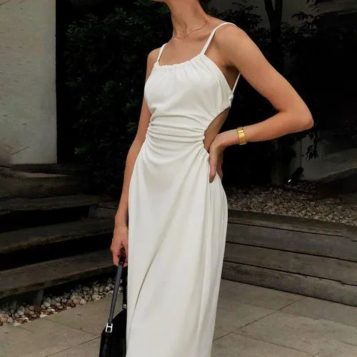 Women Sheath Dress Chiffon Simple Collarless Backless Sleeveless Solid Midi Dress Holiday Outdoor Daily