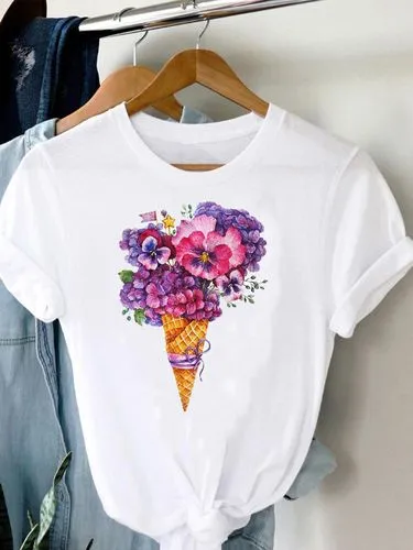 Women's Heart Shape Flower Print Short Sleeve T-shirt for Casual Wear