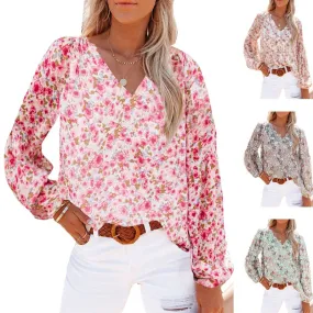 Women's long sleeve blouse, casual ditsy floral t-shirt, elegant