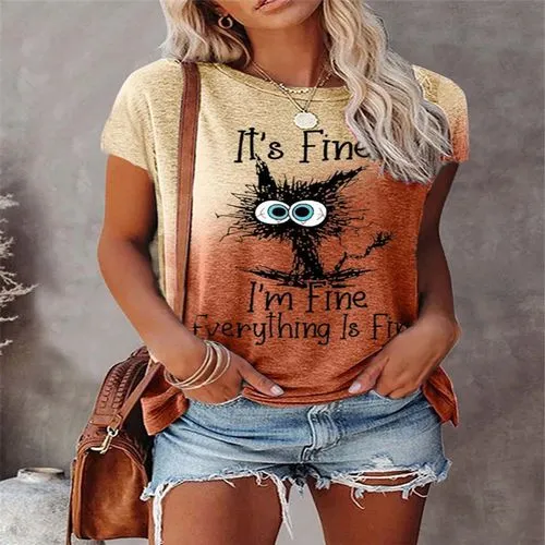 Women's Short Sleeve Cat Letter Print Casual T-shirt