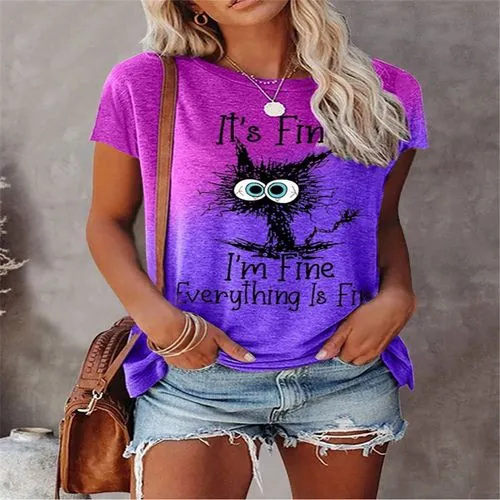 Women's Short Sleeve Cat Letter Print Casual T-shirt