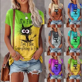 Women's Short Sleeve Cat Letter Print Casual T-shirt