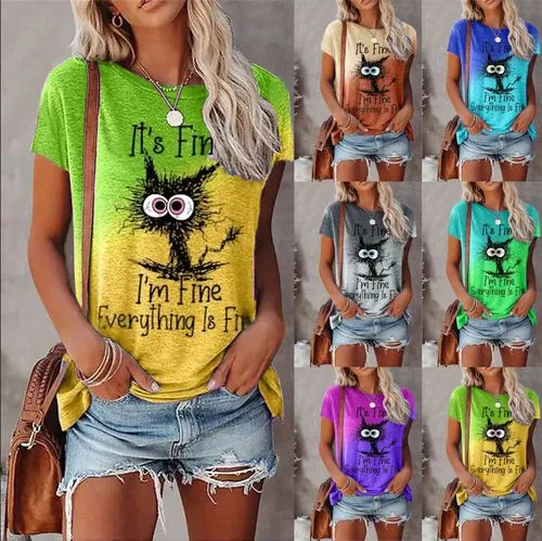 Women's Short Sleeve Cat Letter Print Casual T-shirt