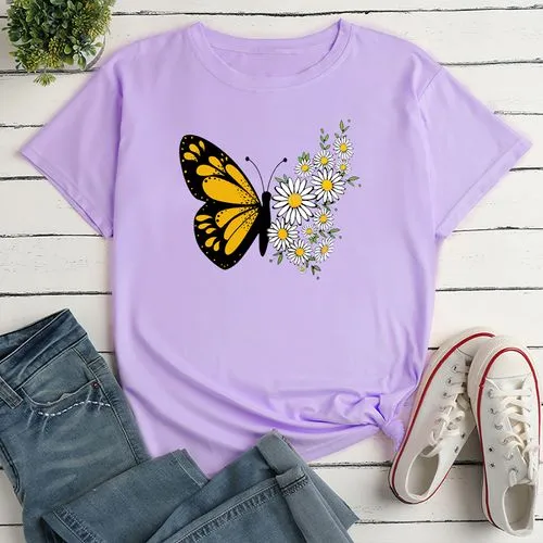 Women's Short Sleeve T-shirt | Butterfly & Daisy Print | Casual