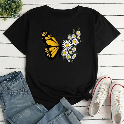 Women's Short Sleeve T-shirt | Butterfly & Daisy Print | Casual