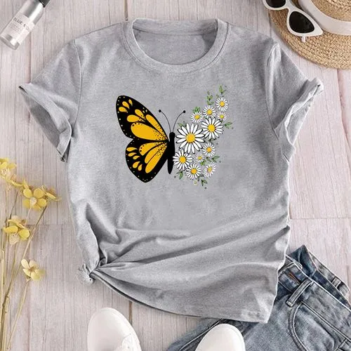 Women's Short Sleeve T-shirt | Butterfly & Daisy Print | Casual