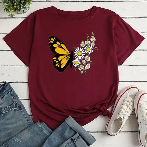 Women's Short Sleeve T-shirt | Butterfly & Daisy Print | Casual