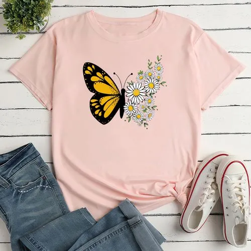 Women's Short Sleeve T-shirt | Butterfly & Daisy Print | Casual