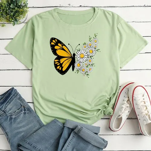 Women's Short Sleeve T-shirt | Butterfly & Daisy Print | Casual