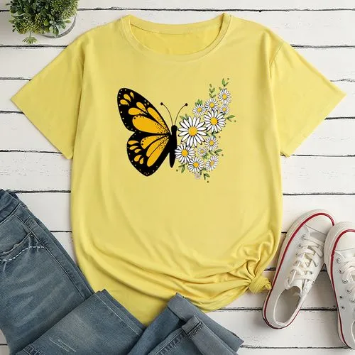 Women's Short Sleeve T-shirt | Butterfly & Daisy Print | Casual