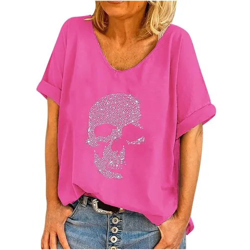 Women's Short Sleeve T-shirt, Patchwork Hip-hop Skull Print