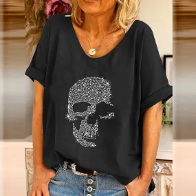 Women's Short Sleeve T-shirt, Patchwork Hip-hop Skull Print