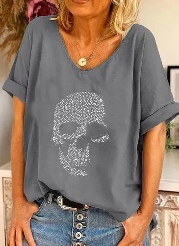 Women's Short Sleeve T-shirt, Patchwork Hip-hop Skull Print