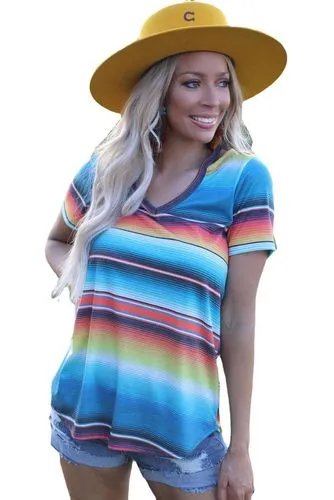 Women's Short Sleeve T-Shirt with Printing Patchwork and Stripe Design - Streetwear