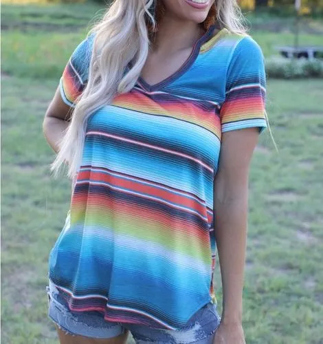 Women's Short Sleeve T-Shirt with Printing Patchwork and Stripe Design - Streetwear