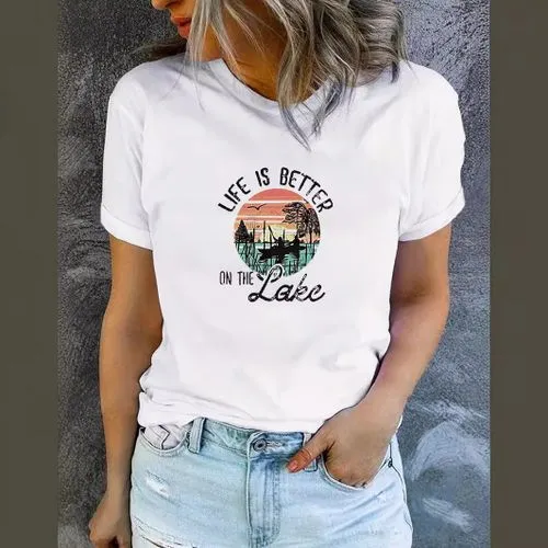 Women's Short Sleeve T-Shirt with Streetwear Letter Scenery Print