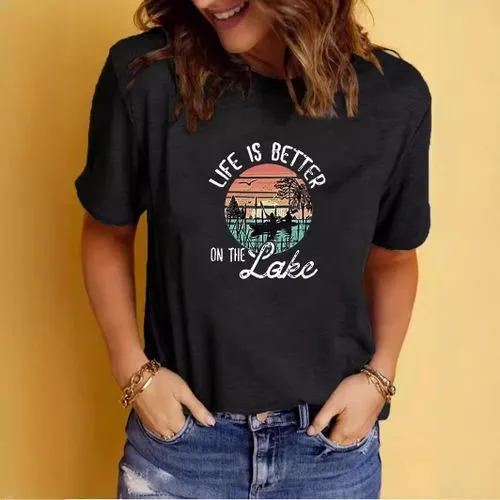 Women's Short Sleeve T-Shirt with Streetwear Letter Scenery Print