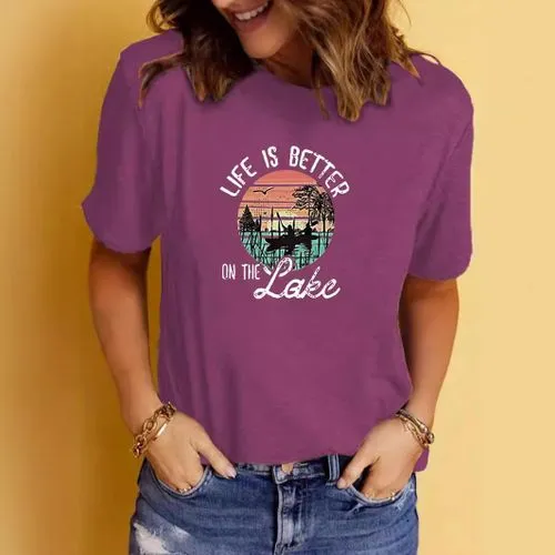 Women's Short Sleeve T-Shirt with Streetwear Letter Scenery Print