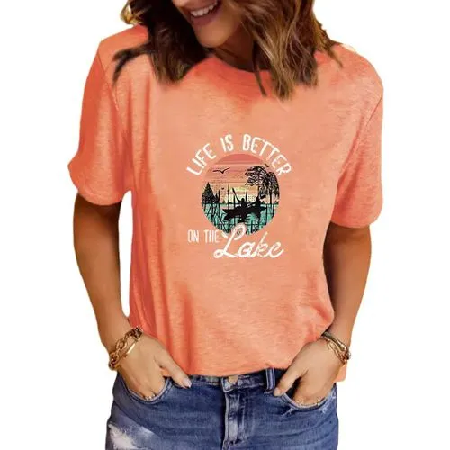 Women's Short Sleeve T-Shirt with Streetwear Letter Scenery Print