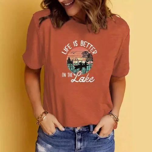 Women's Short Sleeve T-Shirt with Streetwear Letter Scenery Print