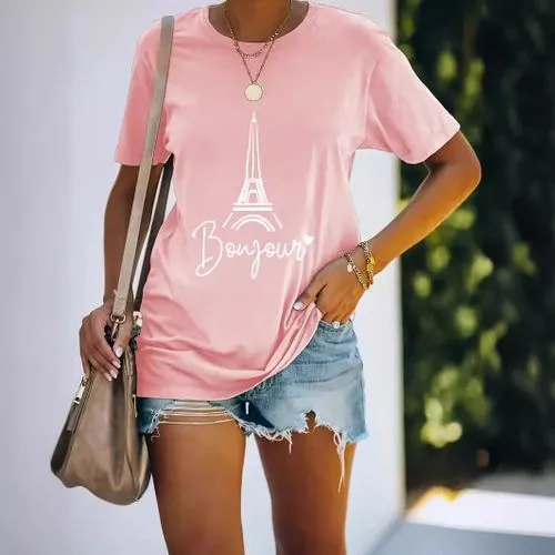 Women's Short Sleeve T-Shirts | Simple Style | Eiffel Tower Letter Design