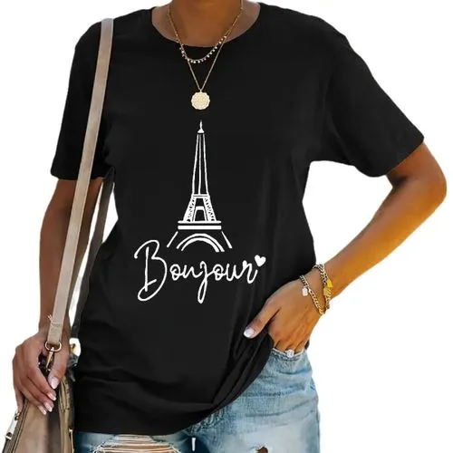 Women's Short Sleeve T-Shirts | Simple Style | Eiffel Tower Letter Design