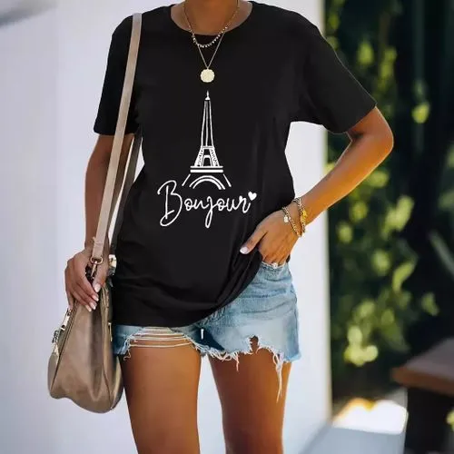 Women's Short Sleeve T-Shirts | Simple Style | Eiffel Tower Letter Design