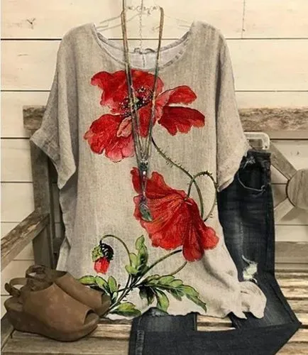 Women's Short Sleeve T-shirts Irregular Fashion Flower Blouse