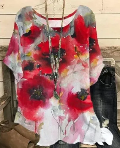 Women's Short Sleeve T-shirts Irregular Fashion Flower Blouse