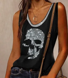 Women's Sleeveless T-shirt with Color Block Skull Print - Streetwear