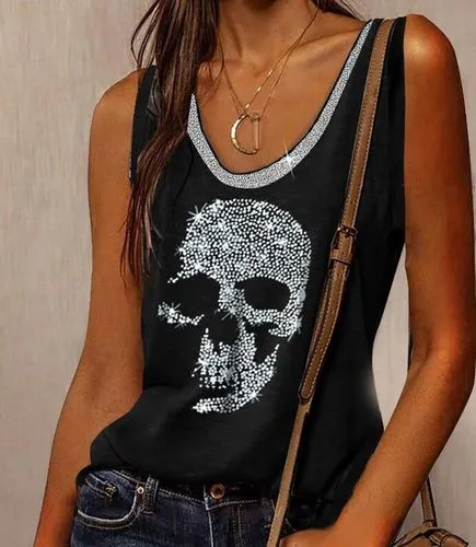 Women's Sleeveless T-shirt with Color Block Skull Print - Streetwear