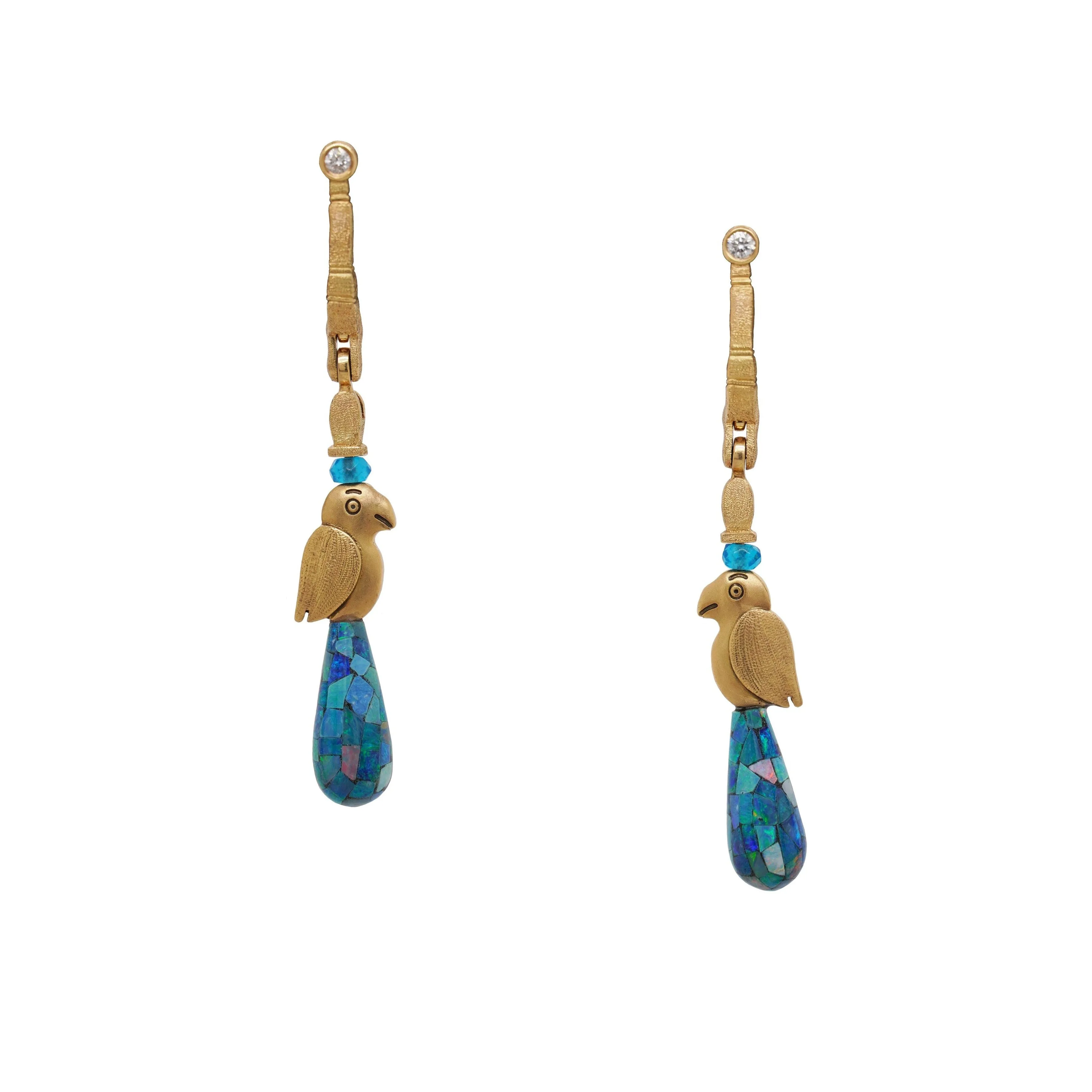 Yellow Gold Parrot Earrings with Mosaic Opal