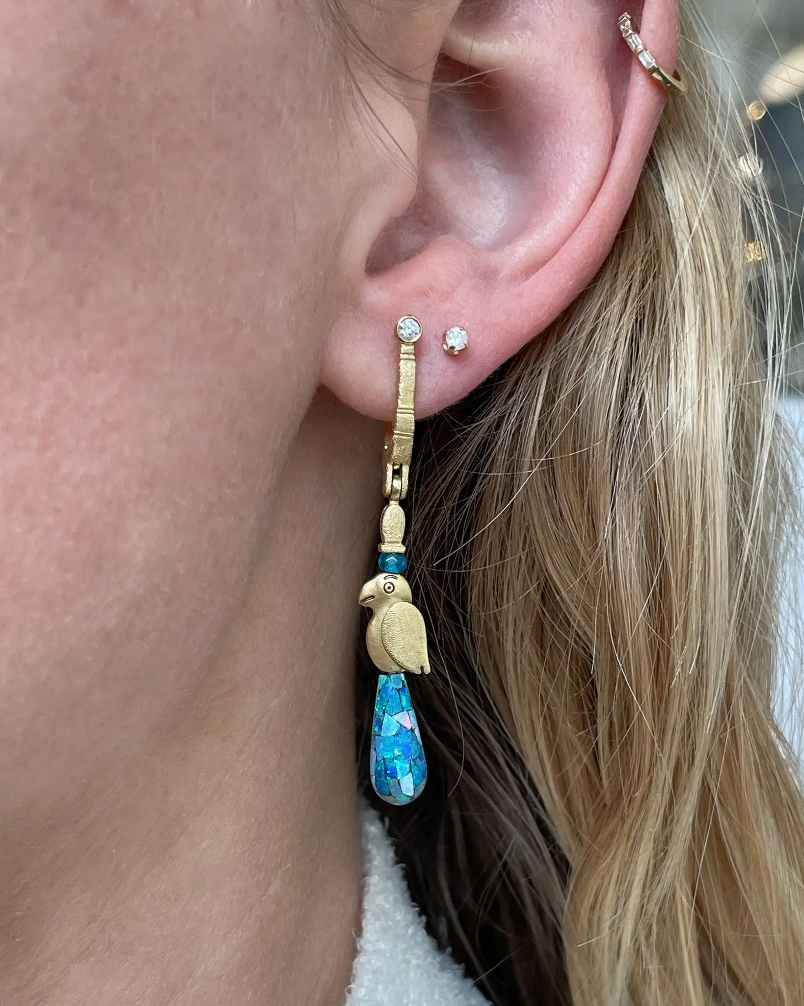 Yellow Gold Parrot Earrings with Mosaic Opal